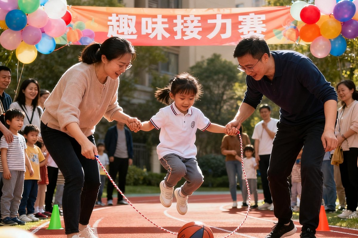 社区趣味接力赛现场，家长和孩子一起完成运动挑战任务，场面温馨欢乐