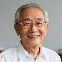 一位戴眼镜的退休教师面带微笑的半身肖像照